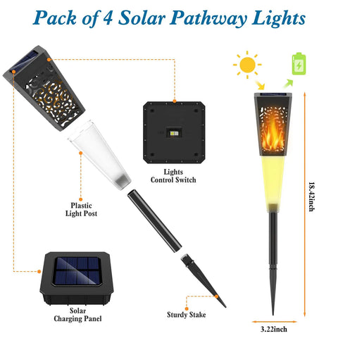 Solar Powered Pathway Lights 4 Pack Multicolor Outdoor Garden Lights IP67 Waterproof with components and dimensions