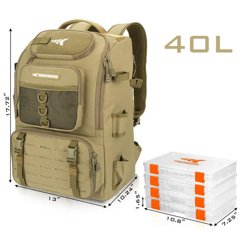 Fishing Tackle Backpack With Rod Holder And Four Tackle Boxes, 40L Capacity, Khaki Large, Durable Oxford 600D, Padded Straps