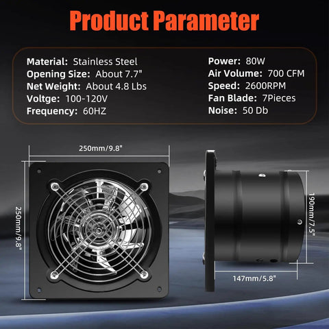 Specifications of Beefy 8 Inch Wall Mount Exhaust Fan With Speed Controller Delivers 700 CFM At Up To 2600 RPM