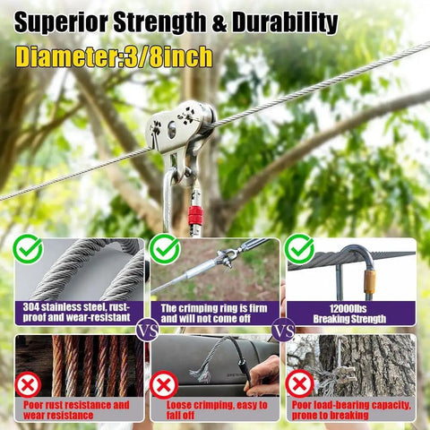 3/8 Inch Stainless Steel Cable 25 Ft Wire Rope 7x19 Zip Line Cable With Clamps And Thimble 12000 Lbs Breaking Strength Installed