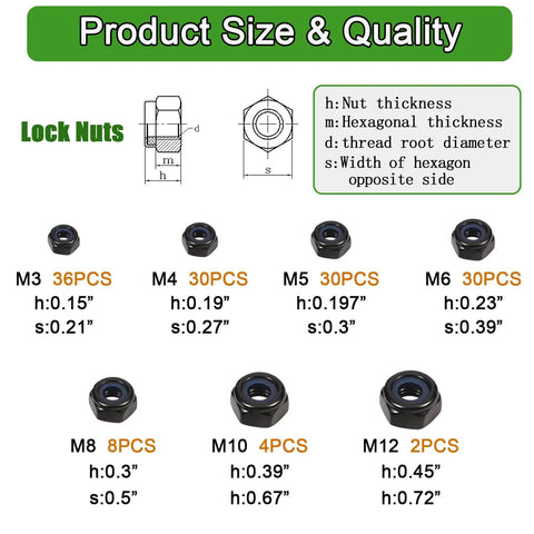 Image showing All In One Black Lock Nuts And Flat Washers Kit With M3 To M12 Sizes In 304 Stainless Steel.