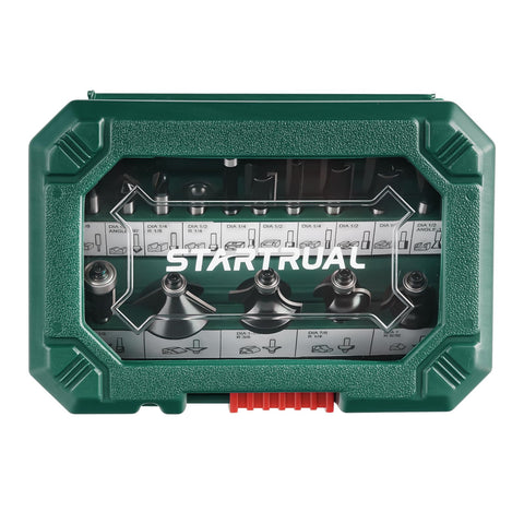15 Piece Router Bit Set One Quarter Inch Shank Tungsten Carbide Woodworking Bits in green plastic case