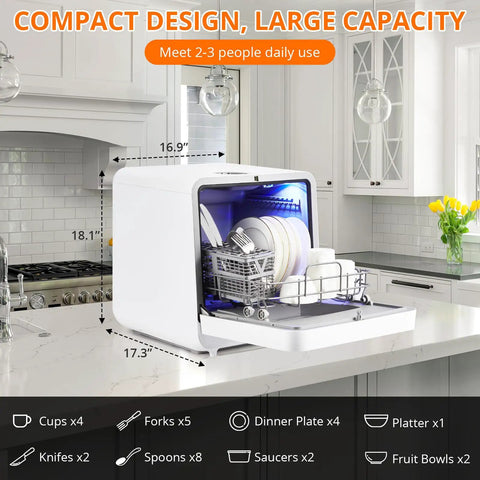 Hella Compact Countertop Dishwasher With Built In Five Liter Tank showing open design with dishes inside, perfect for small spaces.