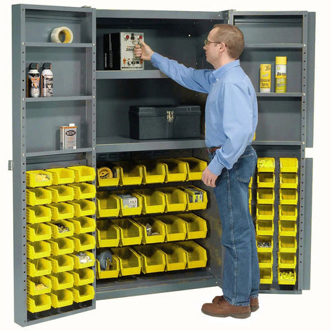 User organizing tools in Heavy Duty Steel Garage Cabinet With Three Adjustable Shelves And 72 Bright Yellow Parts Bins.