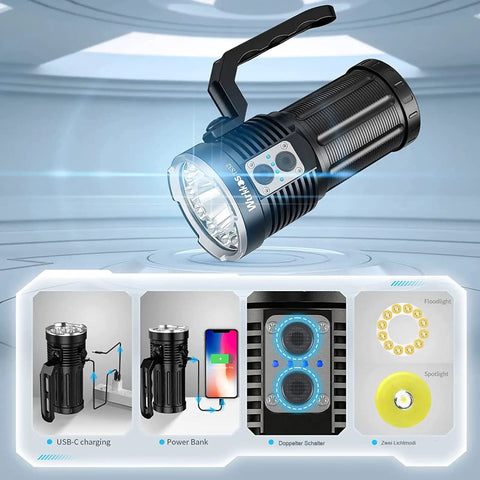 Beast Bright Rechargeable LED Flashlight With Dual Switch 13000 Lumens Of Power IPX8 Waterproof design and features display