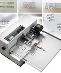 Stainless Steel Automatic Ink Wheel Coding Machine For Batch Numbers And Dates Wide Application On Labels Solid Dry Ink Printer For Industrial Use High Durability Anti Corrosion Heating System showing controls and output samples.