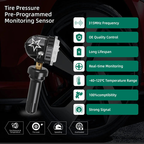 TPMS Sensor 315 MHz Set Of 4 Replacement Tire Pressure Monitor Sensors For Chevy Buick GMC Cars, pre-programmed OE-style sensor
