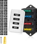 Heavy Duty 4 Way Blade Fuse Block With Slick Damp Proof Cover For Plug And Play Auto Marine Rv Truck Wiring Power Distribution Panel, showing four fuses and labels.