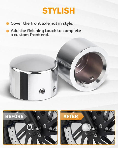 Chrome Front Axle Nut Covers for Harley Davidson Bikes CNC Aluminum Caps shown in packaging with before and after images.