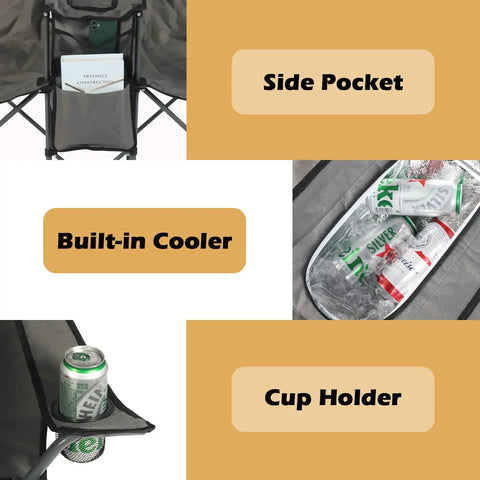 Double Folding Camping Chair With Umbrella And Fold Up Table Beverage Holder Cooler Bag showing side pocket and cup holder