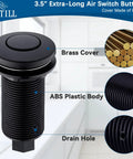 Close-up of the All In One Garbage Disposal Air Switch Kit with matte black brass cover and ABS plastic body showing drain hole.