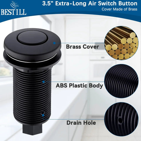 Close-up of the All In One Garbage Disposal Air Switch Kit with matte black brass cover and ABS plastic body showing drain hole.