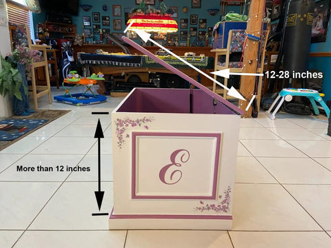 Open toy box with installed soft close hinges for toy box and toy chest set of 2 slow closing safety hinges preventing finger pinch, no slam, easy install.