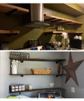 Six Pack Heavy Duty Industrial Pipe Shelf Brackets Designed For Quick Install Floating Wall Supports With Ridiculously Solid Wrought Iron Build To Kick Your Rustic Diy Decor Game Way Up Today, showcasing mounted shelves in kitchen and laundry.