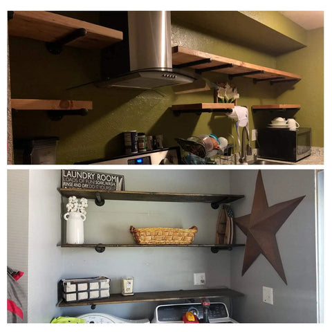 Six Pack Heavy Duty Industrial Pipe Shelf Brackets Designed For Quick Install Floating Wall Supports With Ridiculously Solid Wrought Iron Build To Kick Your Rustic Diy Decor Game Way Up Today, showcasing mounted shelves in kitchen and laundry.