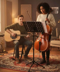 Two musicians using Folding Music Stand Portable With One Step Setup And Tool Free Height Adjustment Thickened Steel Frame playing cello and guitar.