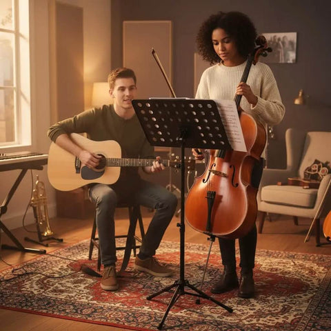 Two musicians using Folding Music Stand Portable With One Step Setup And Tool Free Height Adjustment Thickened Steel Frame playing cello and guitar.
