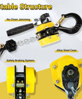 Half Ton Lever Chain Hoist Come Along With G80 Chain 10 Feet Lift Portable Manual Hoist 1100 Lbs Capacity Heavy Duty Chain Block With Hook Easy To Use For DIY And Light Industrial Lifting showing yellow alloy steel case, safety braking system, and no chain jamming feature.