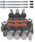 Front view of a 3-spool hydraulic directional control valve with orange port plugs and mounting bolts