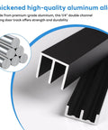 Close-up of a black 48-inch metal sliding door track kit made from premium aluminum for 1/4-inch glass panels.
