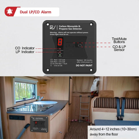 Top Rated Two In One Rv Carbon Monoxide And Propane Gas Leak Detector With A Slick 100Db Siren And Straightforward 12V Flush Mount Install displayed in a camper van.