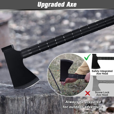 Close-up of black axe head from Survival Off Road Tool Kit With 19 in 1 Folding Shovel Camping Axe Multitool Pickaxe And Carrying Bag.