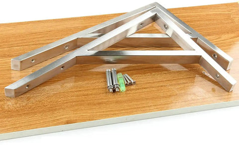 Heavy Duty Stainless Steel Triangle Shelf Brackets Pack Of Two Built Like A Tank with installation screws on wood.