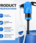 No Sweat Manual Lever Drum Pump For 55 Gallon Barrels Heavy Duty Workhorse With Leakproof Valve and 6.6 Ft Corrugated Hose showing product specifications.