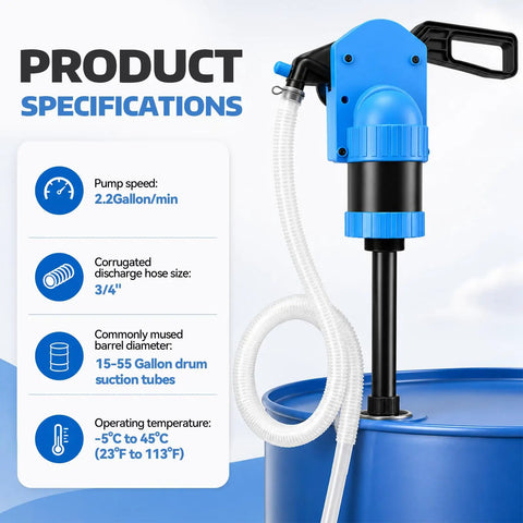 No Sweat Manual Lever Drum Pump For 55 Gallon Barrels Heavy Duty Workhorse With Leakproof Valve and 6.6 Ft Corrugated Hose showing product specifications.
