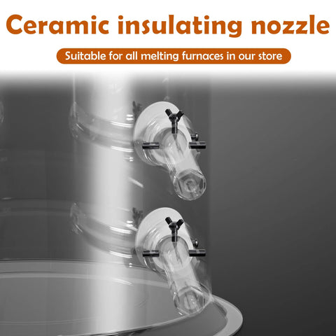 Ceramic insulating furnace nozzle mounted on a metal furnace with two circular mounting flanges.