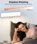 Stick Anywhere Closet Light Kit With Motion Sensor 6 Pack 30 LED Dimmer under cabinet light above woman reading in bed