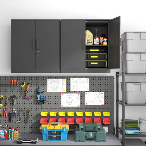 Lockable Steel Wall Mounted Cabinet, 28 Inch High, Two Door Metal Storage Locker in garage with open door showing shelves