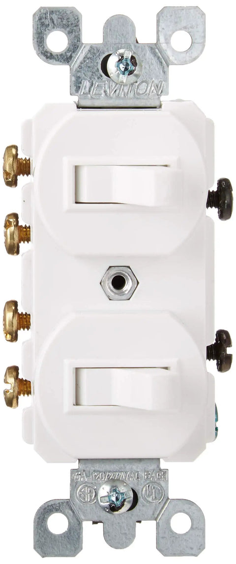 Front view of Specification-Grade 15 Amp 120/277V Duplex 3-Way AC Combination Switch, Non-Grounding, Side-Wired, White, Durable Thermoplastic