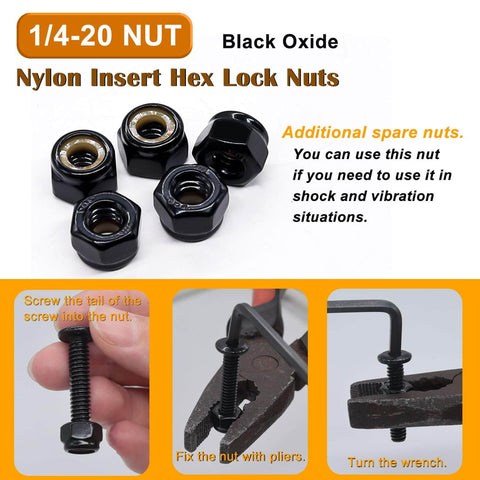 Black oxide nylon insert hex lock nuts for rust-resistant hardware. 30 Piece Set Of 1/4-20 X 3/4 Inch Flat Head Socket Head Screws In 304 Stainless Steel With Spare Nylon Lock Nuts And Hex Spanner For Rust Resistant Furniture Hardware Kit.