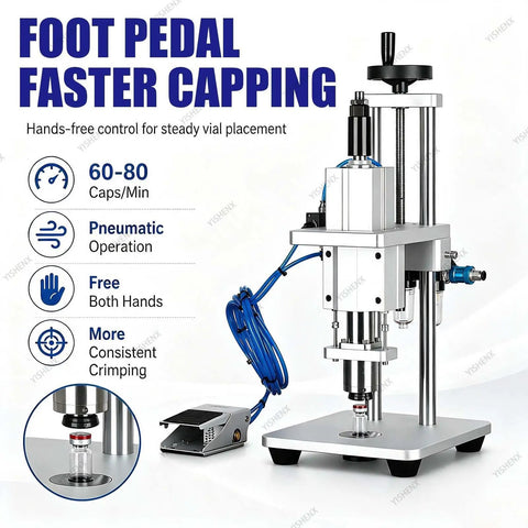 High Speed Pneumatic Vial Sealing Machine For Aluminum Glass Bottles Foot Pedal Tabletop Capper with hose and sealing mechanism.