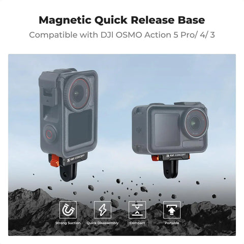 Magnetic Quick Release Adapter Mount For DJI Osmo Action 3 4 5 Pro Two Pack with mounts, shown with cameras attached.