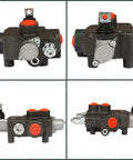 ALL-CARB hydraulic valve, 4‑way 3‑position spring-centered, black body with red port plugs; four-angle views.