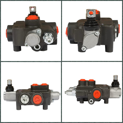ALL-CARB hydraulic valve, 4‑way 3‑position spring-centered, black body with red port plugs; four-angle views.