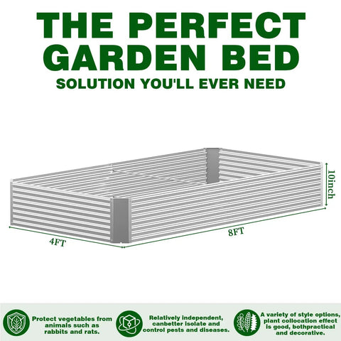 Diagram of Three Pack 8x4 Ft Galvanized Steel Raised Garden Beds For Veggies, Herbs And Flowers, dimensions labeled, 10 inches tall