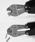 Built Tough And Ridiculously Handy 8 Inch Chrome Vanadium Wire Bolt Cutter cutting a thin wire nail at an angle.