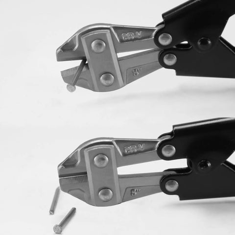 Built Tough And Ridiculously Handy 8 Inch Chrome Vanadium Wire Bolt Cutter cutting a thin wire nail at an angle.