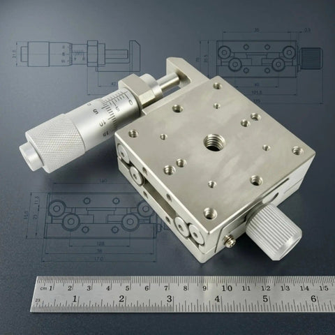 Manual XY Linear Guide Stage With Fine Knob Control Two Axis Precision Sliding Table For Optical Setups Lab Fixtures Prototyping Smooth Ball Bearing Rail And Accurate Positioning, stainless steel, 170mm, with micrometer knobs