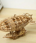 Epic 3D Wooden Airship Puzzle Kit For Adults on wooden table, handcrafted ship model in natural wood finish.