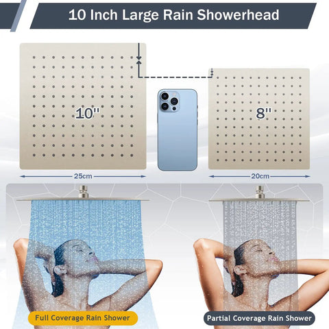 Comparison of 10 inch and 8 inch brushed nickel rain showerheads with full and partial coverage, showing size difference and water flow effect.