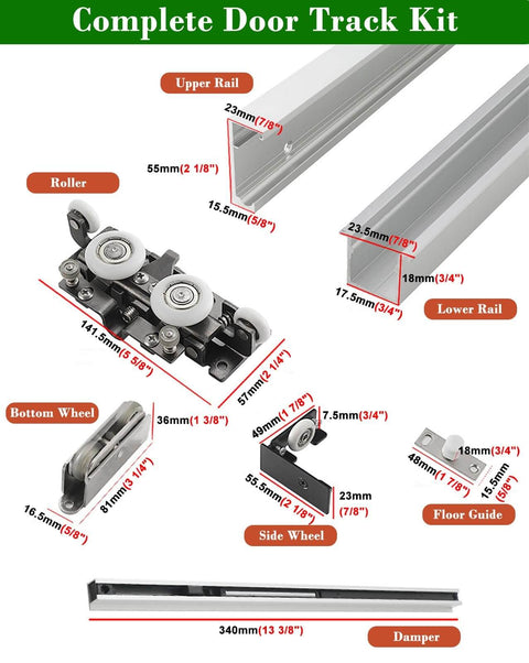 Ghost Mirror Sliding Door Hardware Kit With Trackless Aluminum Pocket Rail, Soft Close, Wall Mounted Invisible Barn Closet System For 31.5 Inch Doors Today showing components like upper rail, roller, and bottom wheel.