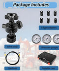 7 In 1 Hydraulic Nitrogen Pressure Test Kit With Three Gauges All In One Nitrogen Accumulator Charging Set Filling Gas Valve Nitrogen Fill Charge Kit For Pro Grade Hydraulic Systems components with valve body, pressure gauges, adapters, gas hose, and case.