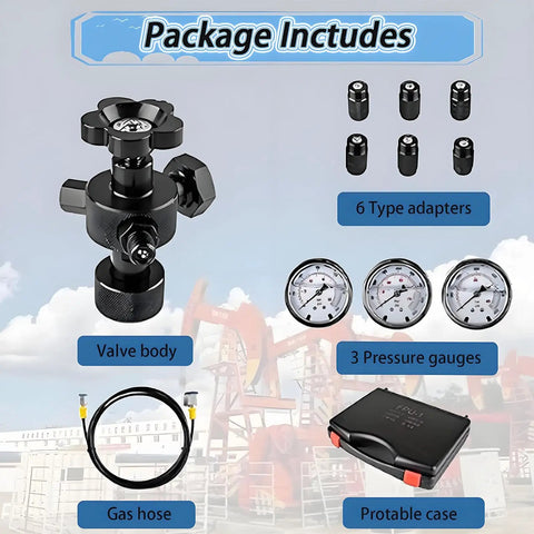7 In 1 Hydraulic Nitrogen Pressure Test Kit With Three Gauges All In One Nitrogen Accumulator Charging Set Filling Gas Valve Nitrogen Fill Charge Kit For Pro Grade Hydraulic Systems components with valve body, pressure gauges, adapters, gas hose, and case.