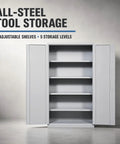 All Steel Tool Storage Cabinet With Adjustable Shelves For Garage And Workshop, Heavy Duty Metal Cabinet To Keep Tools, Hardware, And Supplies Neatly Organized In A Stable Enclosed Unit. Front view of open gray steel cabinet with 4 adjustable shelves.