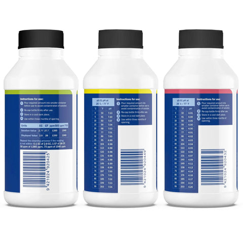Calibration Solution Set For pH And EC Meters With pH 4.0, pH 7.0, And 2.77 EC Solutions 250 Ml Pack For Hydroponics Growers To Ensure Accurate Readings And Reliable Nutrient Balance, three bottles
