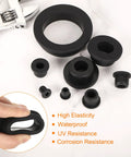 Four Pack Black Rubber Grommets With One Inch Drill Opening And Five Eighths Inner Bore To Plug Wall Holes And Secure Vinyl Tubing On Dash Panels Or Hydro Lines For A Kickass Heavy Duty Insulation Shield arranged on a marble background.